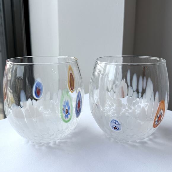 Murano Millefiori Hand Blown Art Glass Stemless Wine Glasses Set of 2 - 3 3/4" - Picture 3 of 9